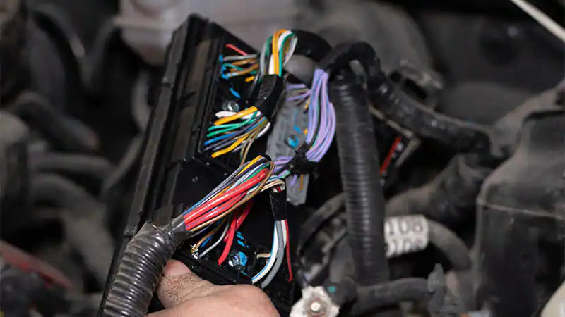 Engine bay fuse box with wire harness showing.